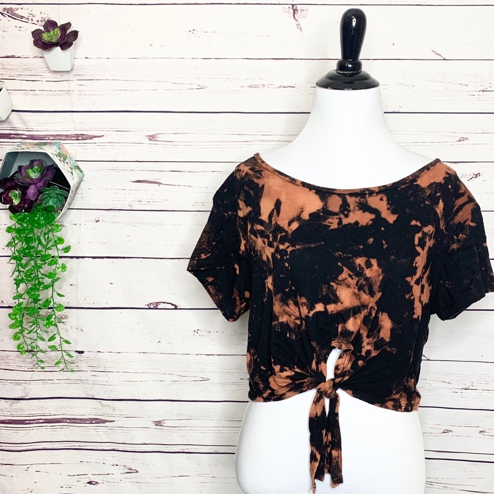 Black Bleached Tie Dye Front Tie Crop Top T-Shirt Size Small